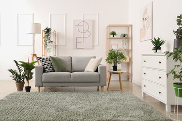 Interior of light living room with cozy grey sofa and green houseplants