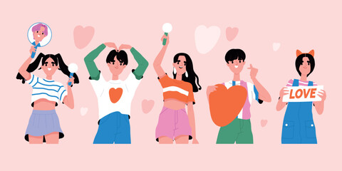Fototapeta premium Fans with placards set. Group of young people at K pop music concert show signs of love and heart with hand gestures and holding cheering sticks. Cartoon flat vector isolated on pink background