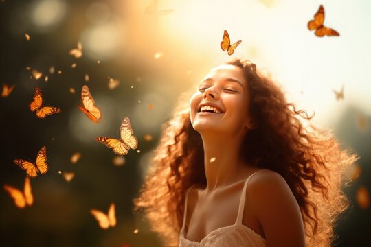 The girl frees the butterfly from moment Concept of freedom