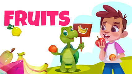 Boy eats fruit banner. Horizontal poster in isometric style with kid and smiling turtle, bananas and apple, pear and orange. Healthy lifestyle and eating concept. Cartoon flat vector illustration