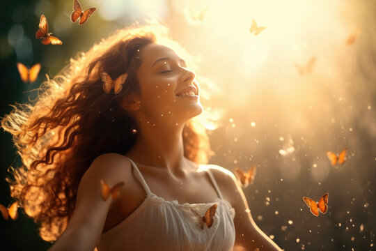 The girl frees the butterfly from moment Concept of freedom