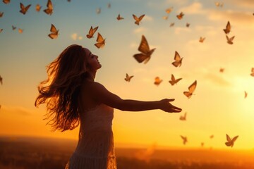 The girl frees the butterfly from moment Concept of freedom - obrazy, fototapety, plakaty