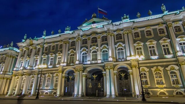Timelapse Hyperlapse of illuminated Winter Palace front view in Saint Petersburg, Former Official Residence of Russian Monarchs, Set against the Splendor of Palace Square
