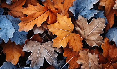Abstract background, leaves covered with hoarfrost close-up.