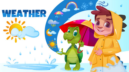 Web banner with rainy day weather. Online website homepage with rain and rainbow, umbrella and raincoat, kid and turtle. Cute poster with smiling characters. Cartoon flat vector illustration