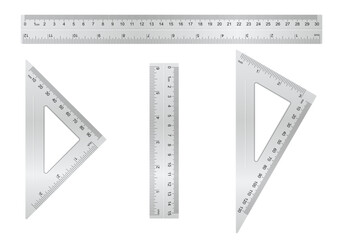 Metal ruler collection. Short, long and triangle ruler with different type of measure.