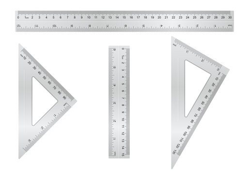 Metal ruler collection. Short, long and triangle ruler with different type of measure.