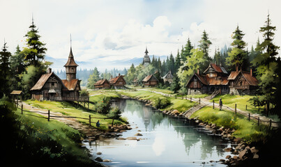 Fototapeta na wymiar Watercolor natural mountain landscape in rustic style.