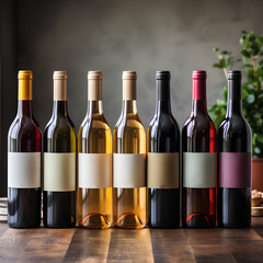 Eine eindrucksvolle Sammlung von Weinflaschen mit Blanko Labels  – von verlockendem Rot über zartem Rosé bis hin zu strahlendem Weiß, darunter Chardonnay, Merlot, Syrah und Cabernet Sauvignon - obrazy, fototapety, plakaty