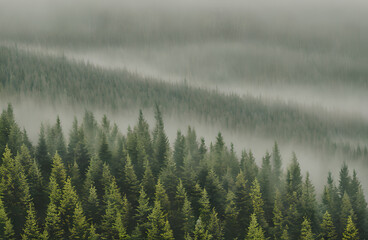 Forest mountain foggy landscape, Generative AI