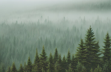 Forest mountain foggy landscape, Generative AI