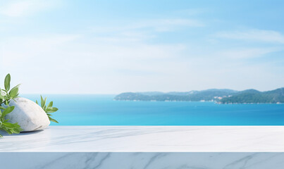 empty white marble on the background of the island, mountain and blue sky for product display