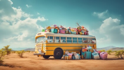 Sunny wild nature scene with school bus full of gifts for Christmas. Transports pastel color gifts for children. Creative outdoor idea for new year.