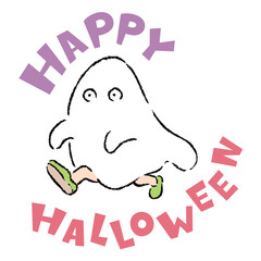 ハロウィン_HAPPYHALLOWEEN_おばけの仮装をして歩く人のイメージイラスト素材 © hirose