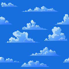 Bezszwowy wzorek ze stylizowanymi, komiksowymi chmurami na niebieskim tle - obrazy, fototapety, plakaty