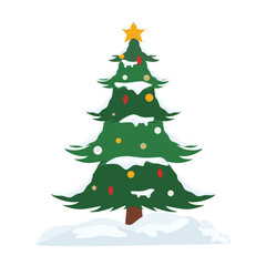 Decorated christmas tree in snow. Green fluffy christmas pine in winter season isolated on white background. New year and christmas concept. Flat vector illustration for holiday