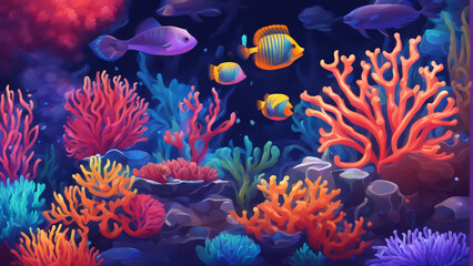 Coral reef background. Undersea tropical world. Bright neon colored coral reef, anemone and sea plant.