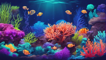 Naklejka na ściany i meble Coral reef background. Undersea tropical world. Bright neon colored coral reef, anemone and sea plant.