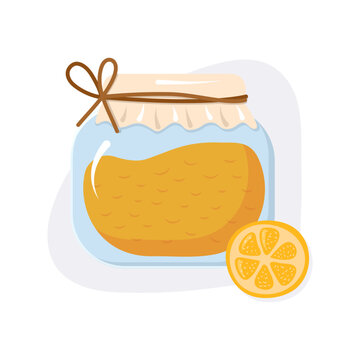 Glass jar with Orange Jam with a piece of fruit. Canned food, stocks for the winter. Circle of orange. Harvest. Grandma's food. Cartoon style. isolated object. Vector illustration.
