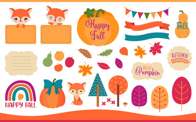 Autumn clipart set flat design. Fall icons. Pumpkins, leaves, cute cartoon fox. Autumn greeting text. Copy space. Fall banners and tags. For planner, sticker, card, social media ads, scrapbook.