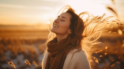 Backlit Portrait of calm happy smiling free woman with closed eyes enjoys a beautiful moment life on the fields at sunset - obrazy, fototapety, plakaty