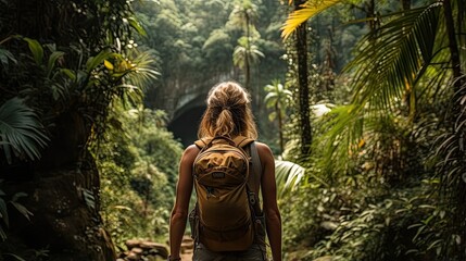 Female hiker, full body, view from behind, standing in the jungle