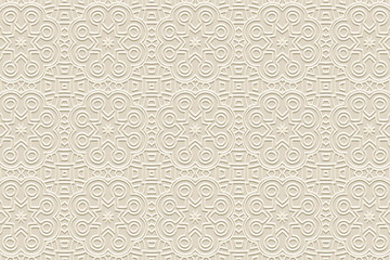 Embossed light beige background, cover design. Geometric ethnic 3D pattern, press paper, leather. Boho, handmade, antistress. Minimalist designs of East, Asia, India, Mexico, Aztec, Peru.