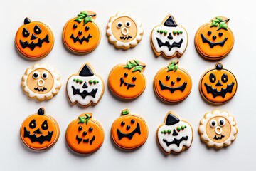 Pattern of Halloween funny glazed cookies on white background. Top view. Generative AI.
