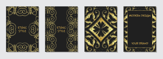 Cover set, vertical templates. Collection of embossed geometric backgrounds with ethnic 3D pattern, golden texture. Minimalist vintage designs of East, Asia, India, Africa, Mexico, Aztec, Peru.
