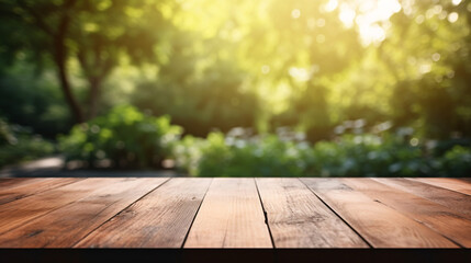 empty wooden table top with blur background of garden for product display