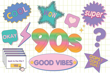 Fototapeta premium Set of trendy badges or stickers in the style of the 90s. Bright patches with smiling faces, lightnings, diamonds, stars and speech bubbles with the text Oops, Cool, Wow. Nostalgia for the 1990s.
