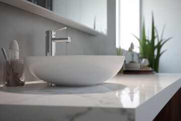 Fototapeta na wymiar Stylish sink-vessel on a white marble countertop in a modern white bathroom