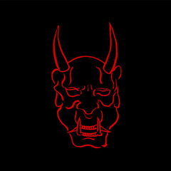 Japanese horned Oni demon mask. Vector, hand drawing, ink, sketch, red on black. Myths, monsters, horror, t-shirt print, Halloween. Eps10