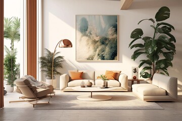 Beige interior, generative ai image of cozy living room with modern retro style sofa and plants.