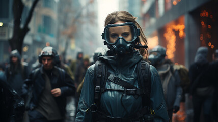 Naklejka premium climate emergency, people wear oxygen masks, the air is unbreathable
