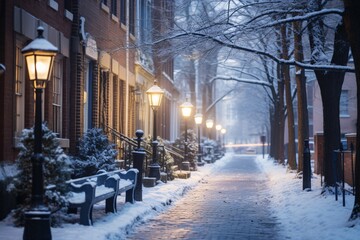 A serene early morning scene captures a city's first snowfall. Historic buildings and cobblestone streets are blanketed in a pristine layer of white, with street lights casting a warm glow over the un - obrazy, fototapety, plakaty