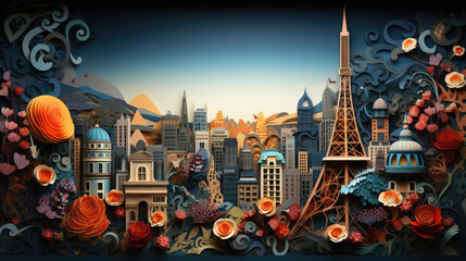 city landscape in abstract layered paper quilling - generative ai