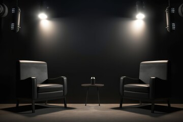 two chairs and spotlights in podcast or interview room