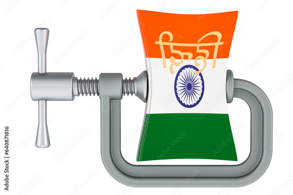 Poster hindi language textbook squeezed in a clamp. intensive course of hindi language, concept. 3d renderi