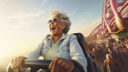 Elderly woman rides a roller coaster. Happy and joyful. Generative AI