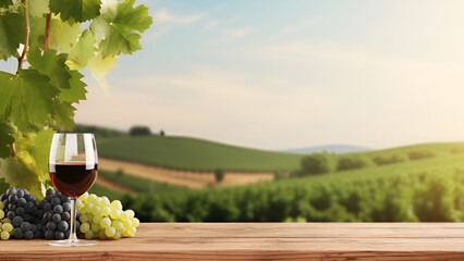 Empty wooden table top with glass of red wine on vineyard background with copy space. The concept...