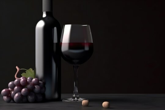Wine. Bottle and glass of red wine with grapes.