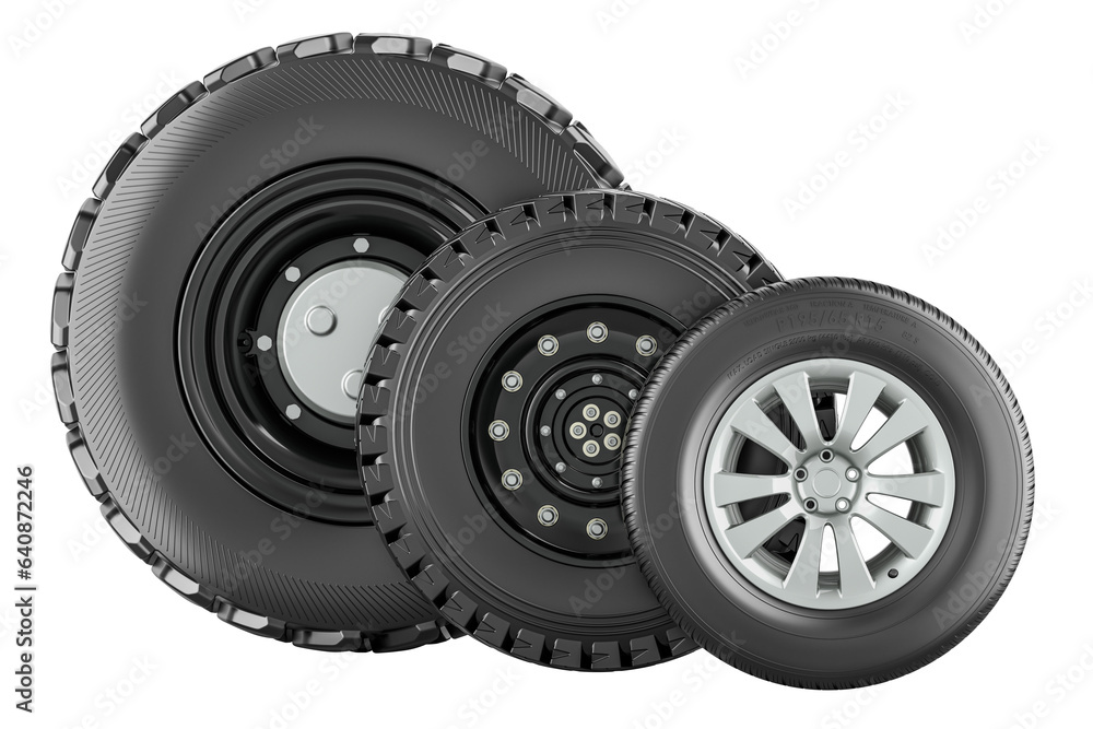Fototapete Set of wheels, for car and trucks. Auto wheels of various sizes, 3D rendering isolated on transparent background
