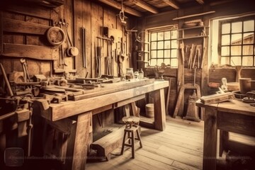 Woodworking workshop. mid-century era. - obrazy, fototapety, plakaty