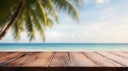 empty wooden table top with blur background of beach with palm tree for product display