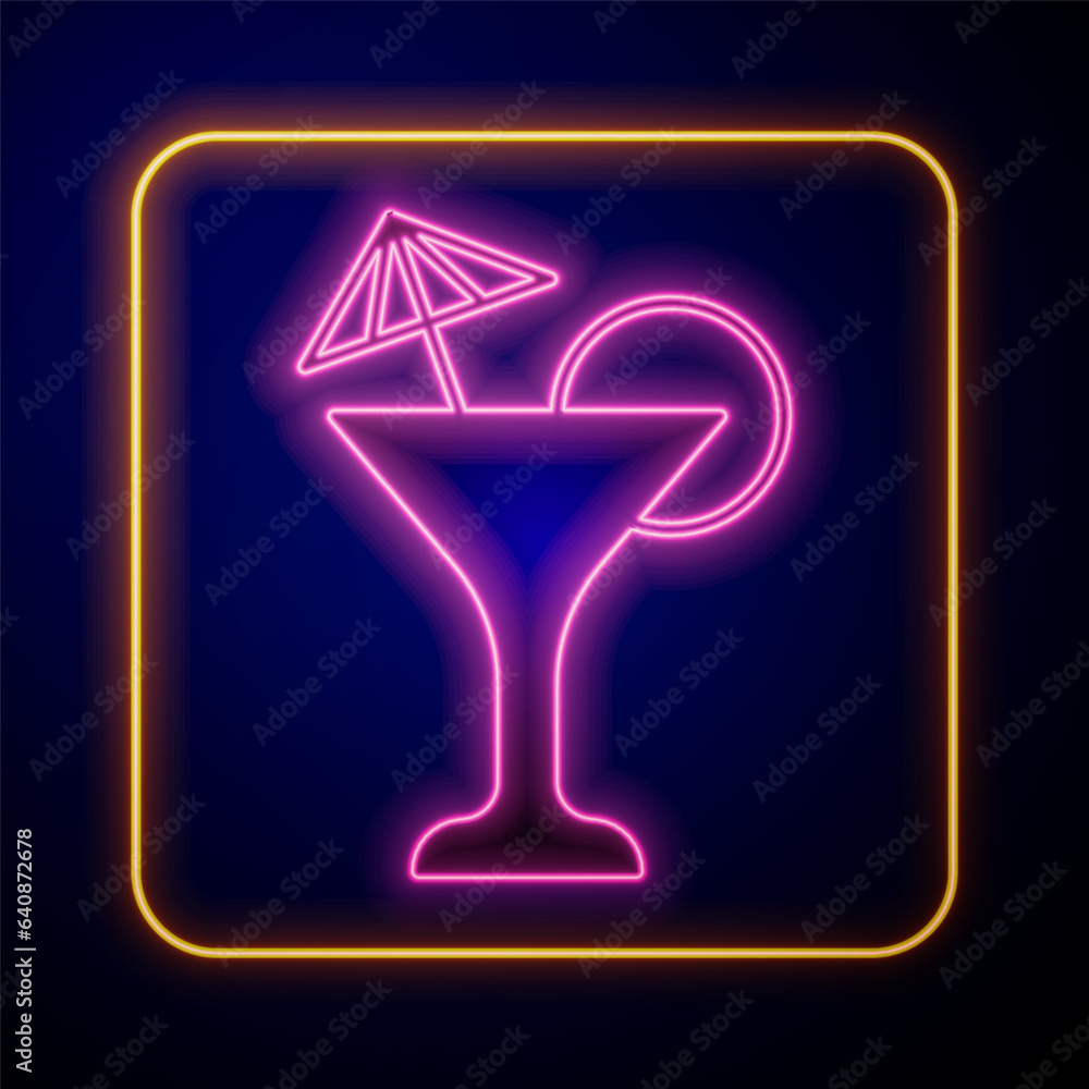 Sticker Glowing neon Martini glass icon isolated on black background. Cocktail icon. Wine glass icon. Vector