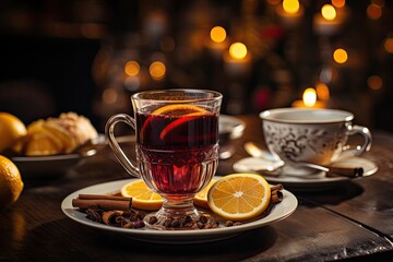 Two glass of christmas mulled wine or gluhwein with spices and orange slices on rustic table against the Christmas tree and blurry lights. Traditional drink on winter holiday