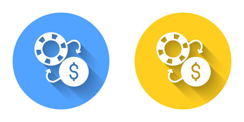 White Casino chips exchange on dollar icon isolated with long shadow background. Circle button. Vector