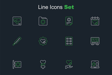 Set line Clinical record on laptop, Heart with cross, Ethnoscience, Emergency - Star of Life, Monitor cardiogram, Pills blister pack, and Medical thermometer icon. Vector