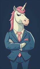 Cartoon illustration of anthropomorphic fairytale unicorn dressed in a business suit